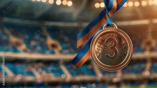 Close-up of a bronze medal against the background of a blurred stadium at the Olympic Games, award at the championship or Olympics for 3rd place, bronze medal photo