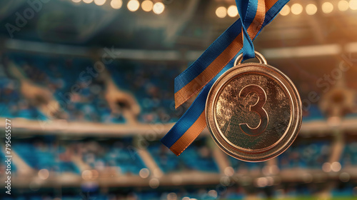 Close-up of a bronze medal against the background of a blurred stadium at the Olympic Games, award at the championship or Olympics for 3rd place, bronze medal