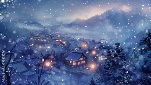 Snowflakes drift gently over a sleepy town, each flake a delicate splash of watercolor, weaving a wintry spell, kawaii photo