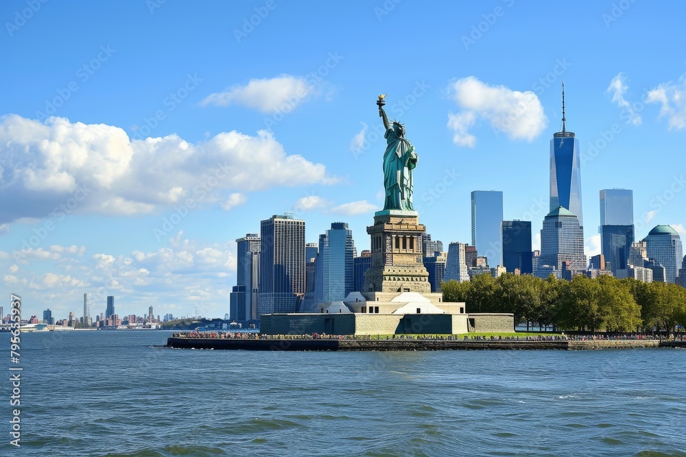 The beautiful  New York skyline featuring the Statue of Liberty, Ai generated