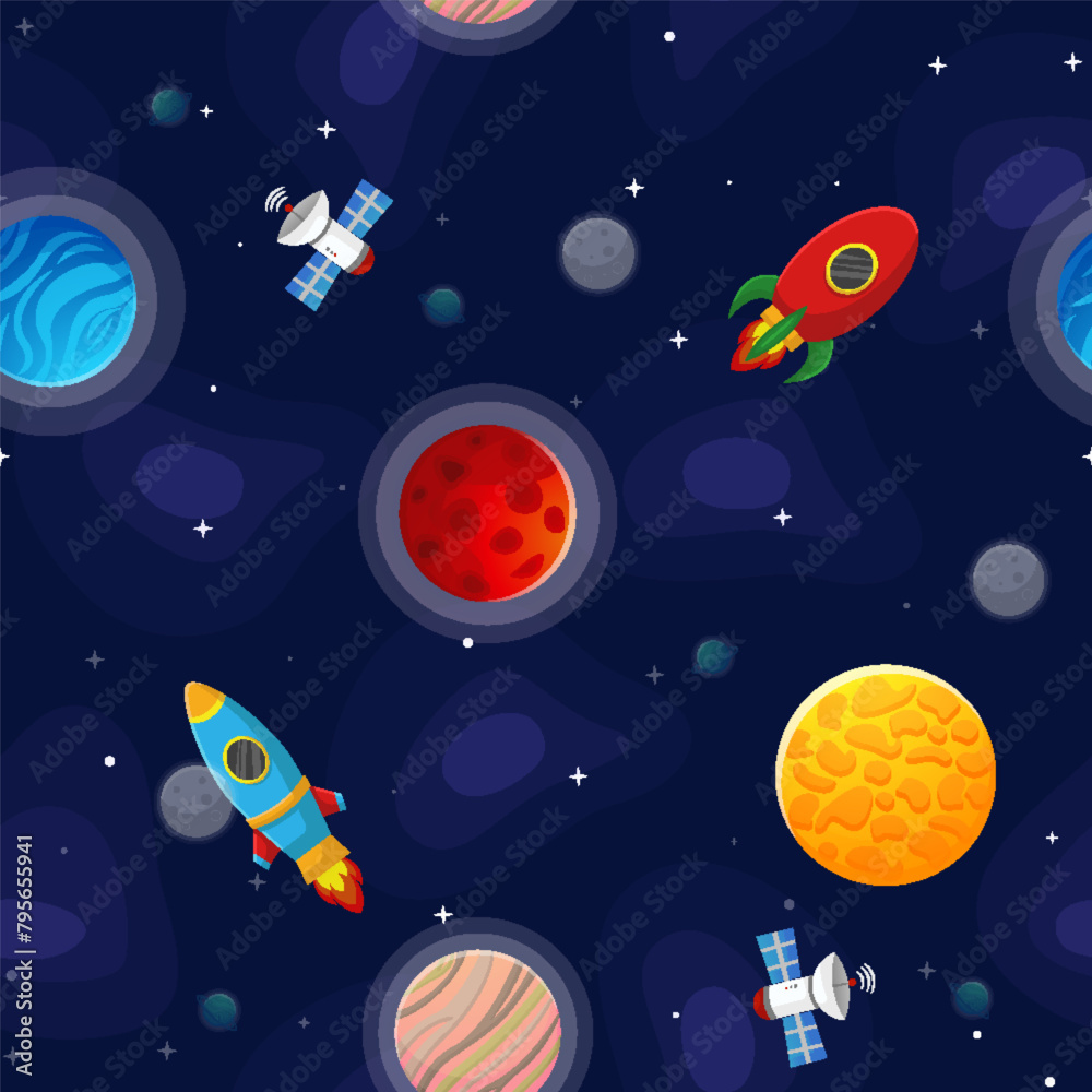 Space cartoon seamless pattern.  Cute design for