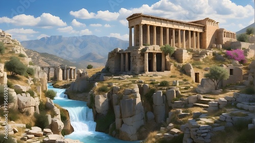 waterfalls and historic Greek ruins in the landscape