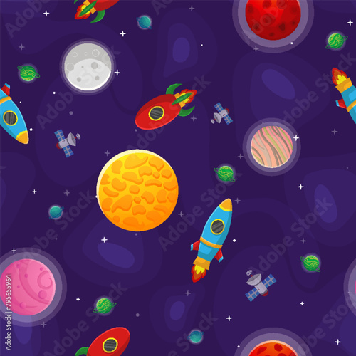 Space cartoon seamless pattern.  Cute design for