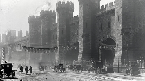 A black and white photo of a city street with a large castle in the background. The castle is surrounded by a large crowd of people and vehicles photo