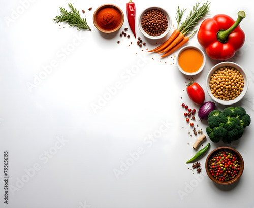 Vibrant assortment of spices, herbs, and fresh produce artfully arranged against a clean white backdrop. (ID: 795656195)