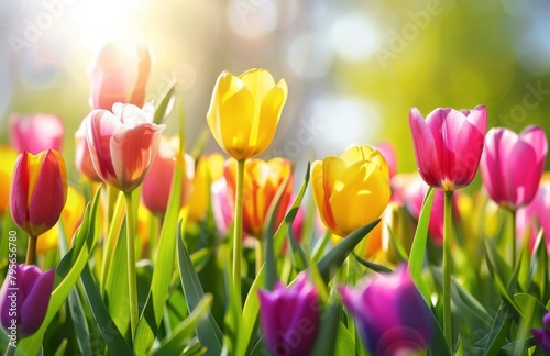  colorful tulips blooming in the sun