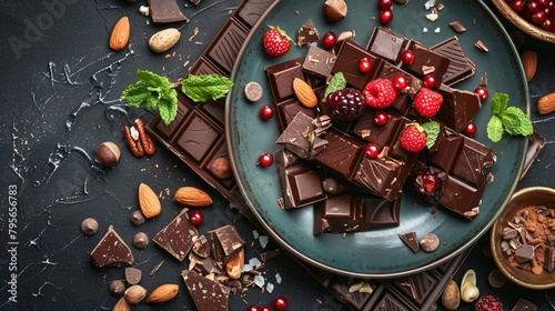 Top view of a plate with delicious chocolate with fresh fruits, healthy nuts and mint leaves on a dark background