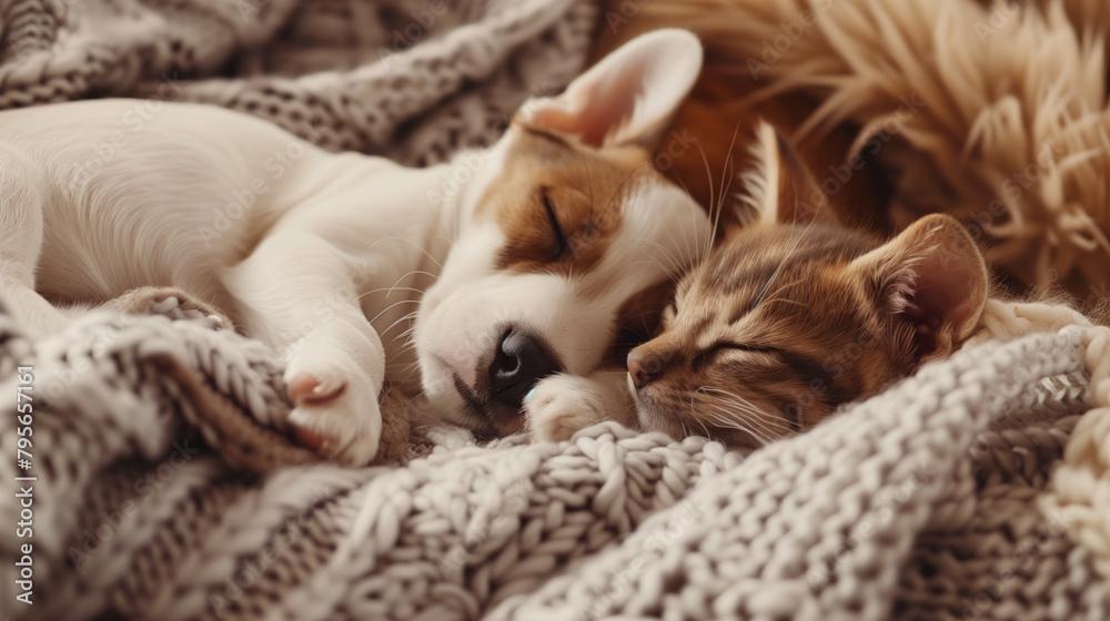 An endearing moment as a puppy and kitten share a peaceful nap, entwined in a soft knit blanket. Generative AI An endearing moment as a puppy and kitten share a peaceful nap, entwined in a soft knit blanket. Generative AI