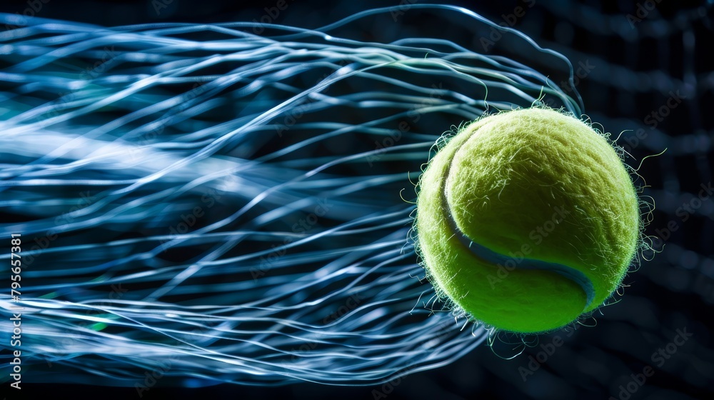 Tennis ball with blue light trails. Long exposure sports photography. Dynamic and motion concept