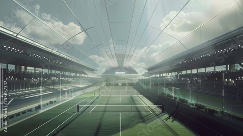 Futuristic indoor tennis court with transparent roof and illumination.