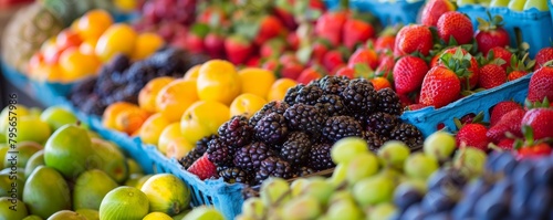 Assorted berries and fruits displayed in baskets at a farmers' market. Healthy eating and nutrition concept