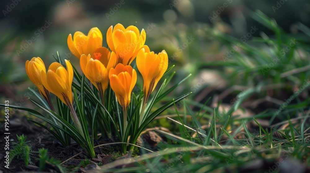 yellow crocus flowers in full bloom, radiating a sense of renewal and vitality. yellow crocus flowers in full bloom, radiating a sense of renewal and vitality.