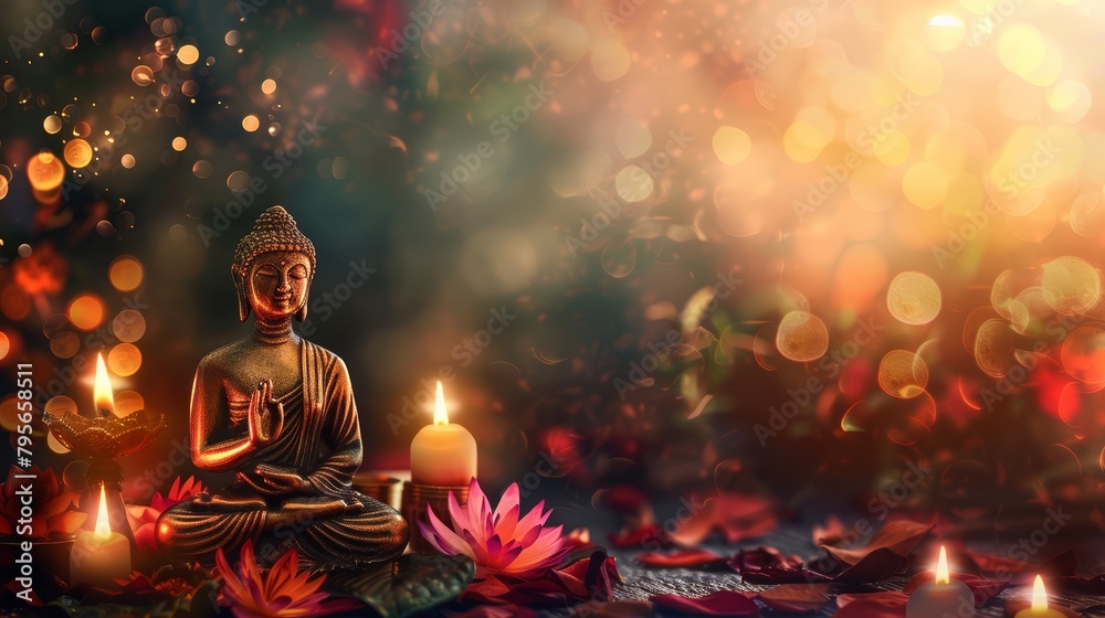 Buddha statue in meditation with candle light and lotus flowers. Bokeh lights and leaf backdrop.