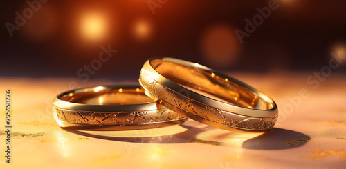 Two gold wedding rings on table