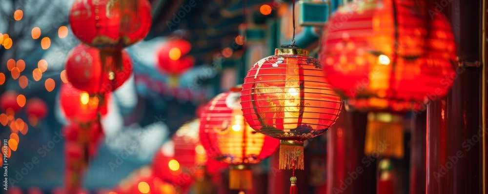 Row of red Chinese lanterns with bokeh light effect. Chinese New Year celebration backdrop for design and decoration