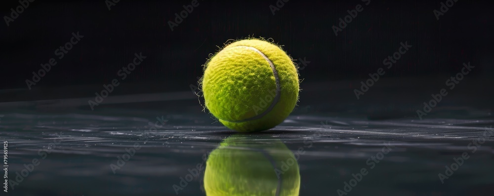 Tennis ball on reflective surface with dramatic lighting. Close-up studio shot. Sports equipment and competition concept.