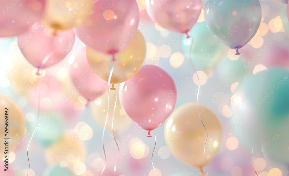 balloons floating in the air, with soft pastel colors and a dreamy atmosphere