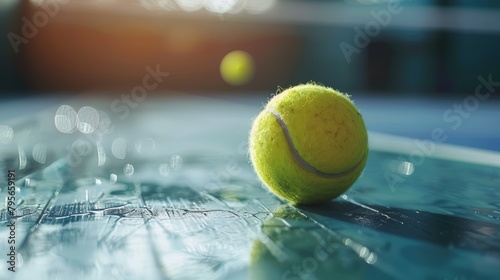 Tennis ball on wet court surface with bokeh lights. Shallow depth of field.