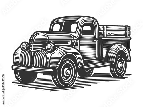 old-fashioned farm truck in a rustic countryside setting sketch engraving generative ai fictional character vector illustration. Scratch board imitation. Black and white image.