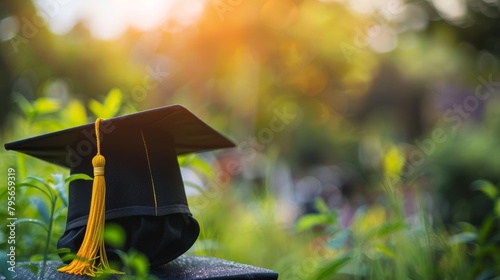 Black graduation cap with gold tassel on outdoor stone surface. Academic success and graduation concept