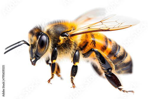 A stunning bee is flying, isolated on white background. A macro shot of an incredible pollinator. © NE97