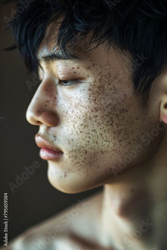 Close-up of young person with freckles and contemplative expression. Generative AI image photo