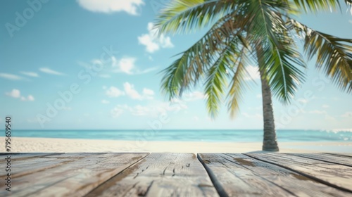 Visual representation of a relaxing summer vacation with a coconut palm tree towering over a wooden table at the beach