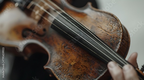 Macro photograph of a hand playing a violin, the bow and strings detailed against a clean, simple background. 