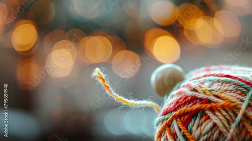 Yarn ball with knitting needle and bokeh lights background