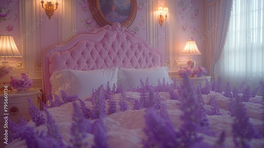 Fototapeta premium A bedroom with a neatly made bed, purple flowers in a bunch on it, and two lamps flanking each side