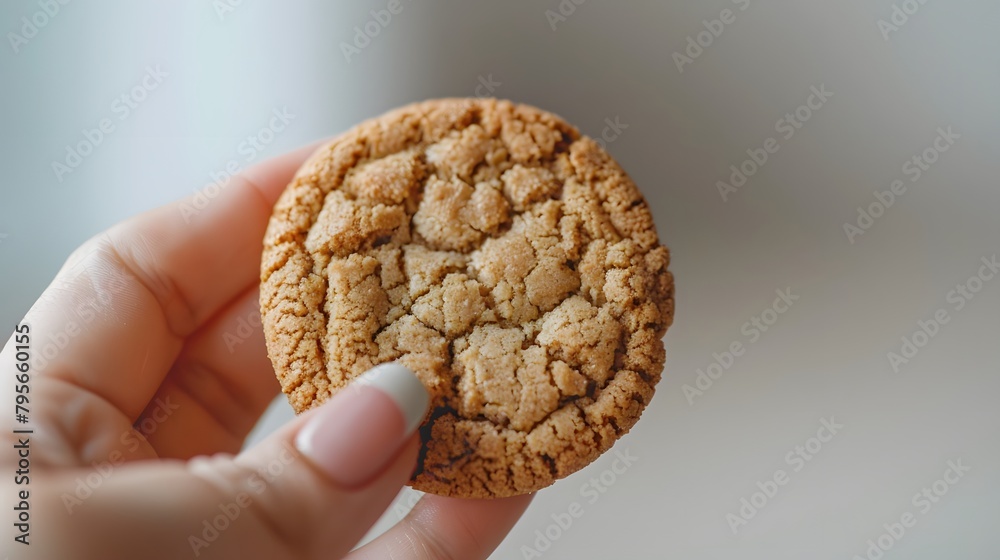 Macro photograph of a hand holding a cookie, the texture of the cookie crisp and detailed against a clean background Macro photograph of a hand holding a cookie, the texture of the cookie crisp and detailed against a clean background
