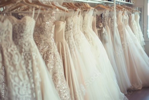 Wedding dresses hanging on hangers in shop of wedding dresses
