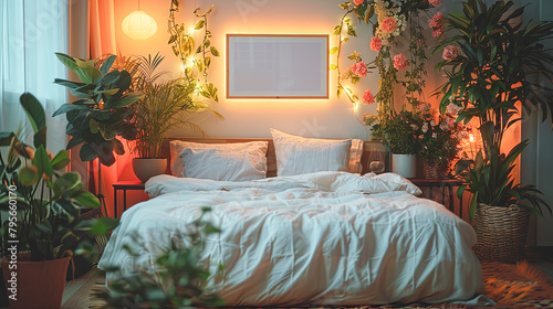 Interior of a bedroom with a bed and a bouquet of flowers