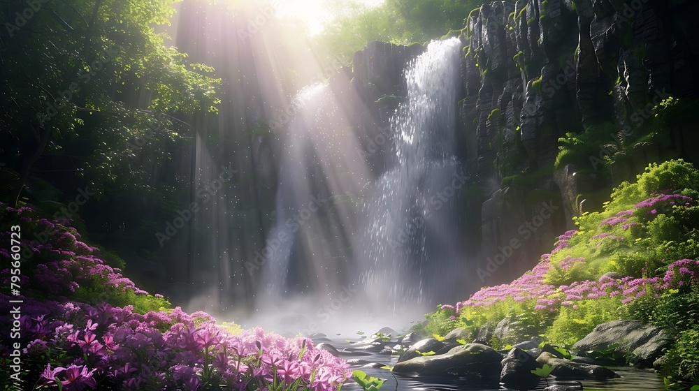 a magical waterfall in a wonderfully fantastic flowering landscape, banner made with Generative AI