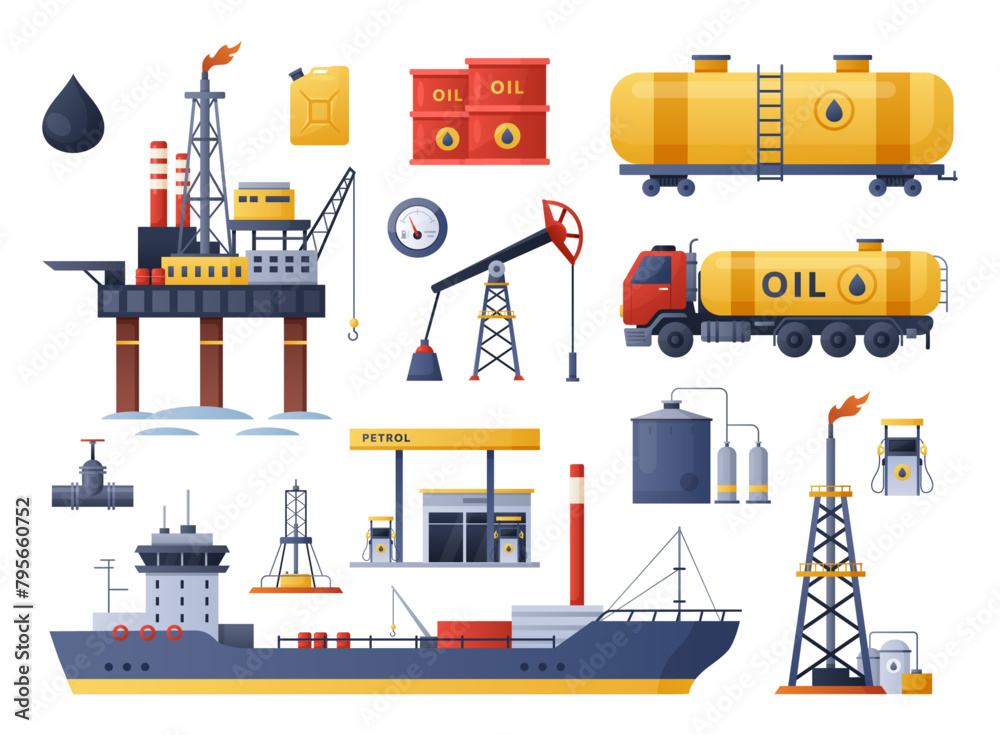 Oil gas industry. Vector set of oil well and rig, extraction production and transportation oil, fuel and petrol in tankers, ships, railways. Barrels,oil pump tower,derrick drilling, water rig platform Oil gas industry. Vector set of oil well and rig, extraction production and transportation oil, fuel and petrol in tankers, ships, railways. Barrels,oil pump tower,derrick drilling, water rig platform