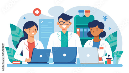 doctor hospital team medical document health medicine healthcare meeting teamwork laptop computer technology clinic office, simplistic flat vector illustration, white background, isolated