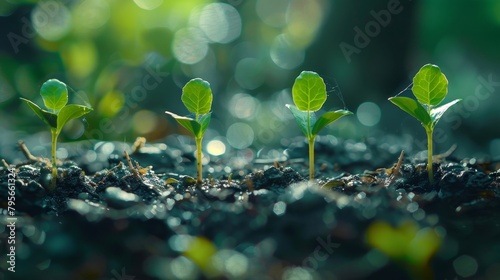 A close up of four small green plants growing in the dirt
