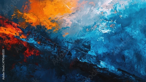 The oil painting abstract picture of the primary colour and secondary colour that is blue and orange in order mixing each other yet it uncompleted and split like they are fighting each other. AIGX01.