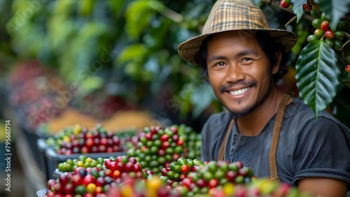 Portrait of young Filipino coffee bean farmer in farm landscape. Concept Portrait Photography, Filipino Culture, Coffee Farming, Landscape Background, Young Farmer