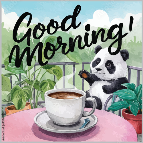 Good morning watercolor coffee with cute panda on the balcony