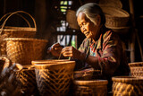 Elderly Craftswoman Weaving Bamboo Baskets
