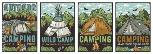 Set of four retro-style camping and outdoors adventure posters with nature themes. Collection of t-shirt prints for travel, nature hiking and camp