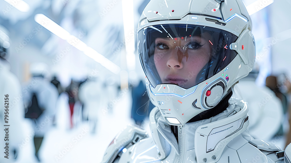 Astronaut woman in futuristic space suit. 3d rendering.