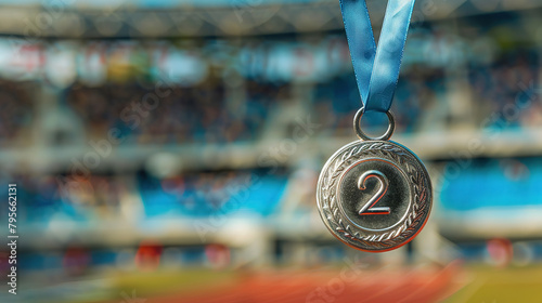 Close-up of a silver medal against the background of a blurred stadium at the Olympic Games, award at the championship or Olympics for 2nd place, bronze medal