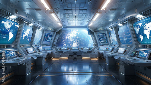 Fototapeta Naklejka Na Ścianę i Meble -  Spaceship interior with view on the world map 3D rendering