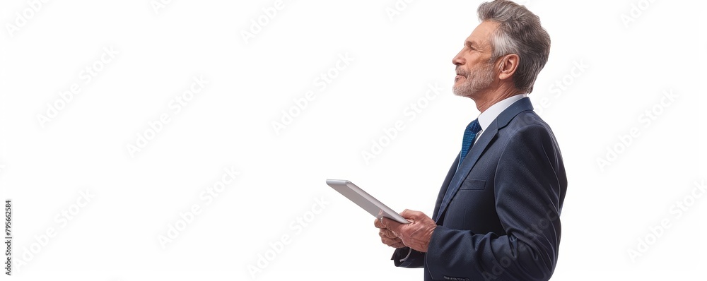 Senior businessman with tablet on white background. Studio portrait with side view and copy space.