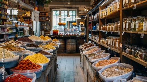 An array of bulk dry foods offered in bins and barrels in a zero-waste grocery environment suggests a sustainable shopping choice