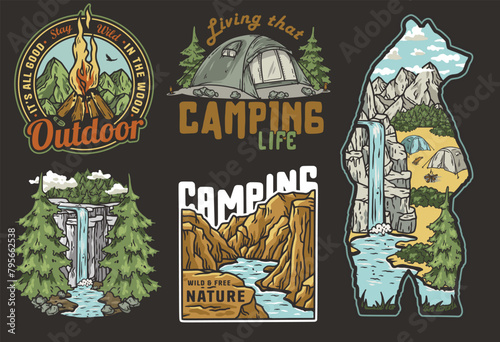 Sticker pack travel. Set for nature hiking and camp. Collection of retro-style camping badges featuring nature and outdoor elements. T-shirt print