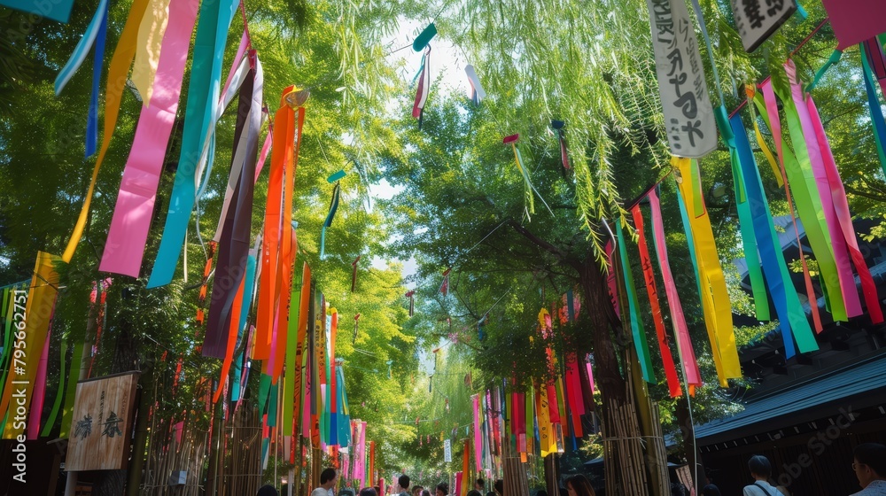 Colorful Tanabata streamers suspended from bamboo in a lush alley. Traditional Japanese festival concept with place for text.