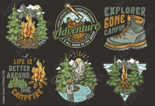 A collection of vintage style camping and adventure badges with nature and equipment themes. Sticker pack travel. Set for nature hiking and camp. T-shirt print